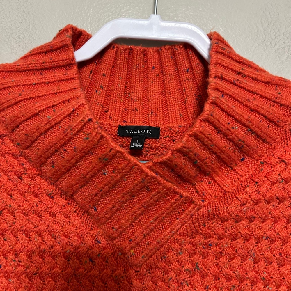 Talbots Sweater S Orange Split Mock Neck Birdseye Textured Knit Autumn Cozy - Picture 3 of 9